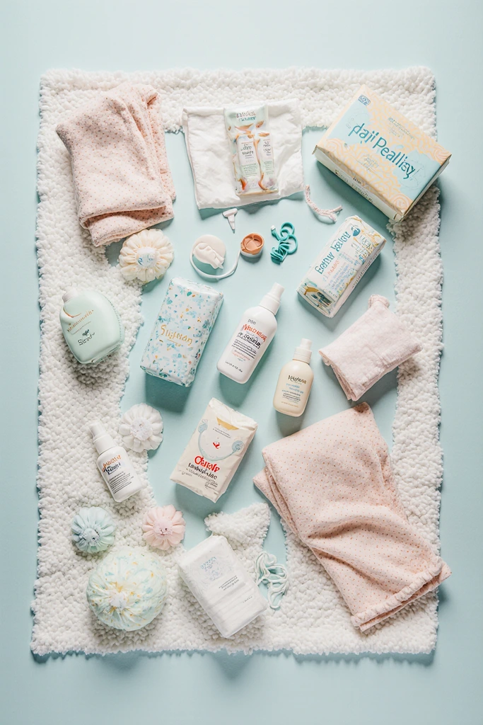 Flat lay of baby care items including diapers, baby lotion, wipes, pacifier, and burp cloths neatly arranged on a pastel blanket.