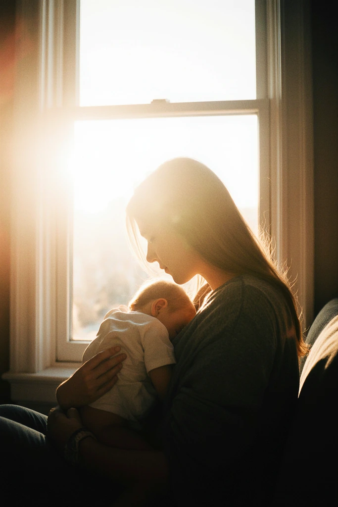 New mother sitting near a sunlit window holding her sleeping baby on her chest, looking peaceful and reflective in a quiet moment. The image has a caption that is 'Parenting Tips for New Moms'.