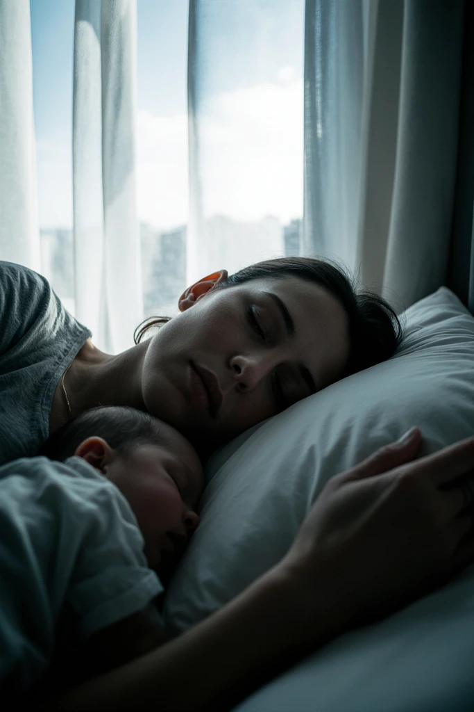 Tired new mother napping on a bed next to her sleeping newborn baby during daytime, with soft natural lighting and a cozy blanket.