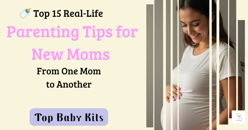 Smiling pregnant woman in a white shirt holding her baby bump, next to blog title text that reads 'Top 15 Real-Life Parenting Tips for New Moms – From One Mom to Another' on a soft beige background, with the Top Baby Kits logo.