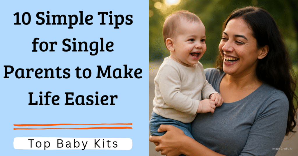 A happy single mother smiling and holding her laughing baby outdoors during golden hour, next to a blue banner that reads “10 Simple Tips for Single Parents to Make Life Easier – Top Baby Kits.”