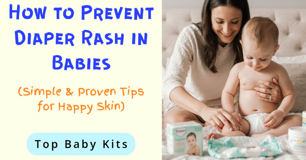 An AI generated images of a mother and a baby sitting on a bed, baby cream, diapers, and wipes are visible in front of them. In the foreground – banner for blog post on preventing diaper rash.