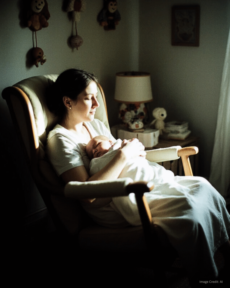 Parent rocking a swaddled baby in a dimly lit nursery at night