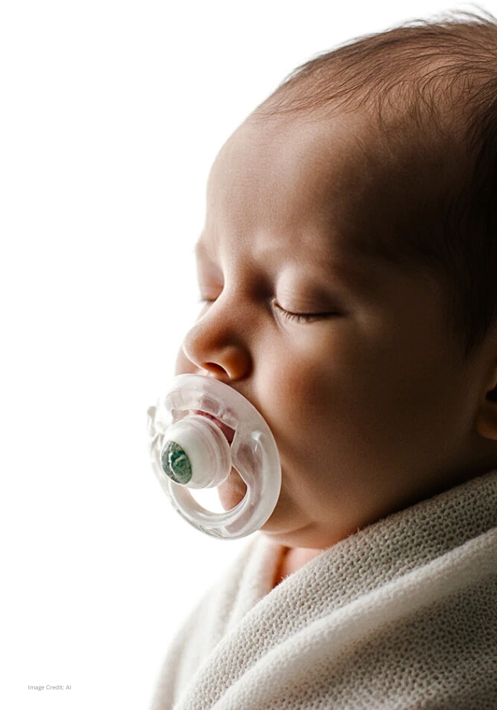Calm swaddled baby using a pacifier during nighttime