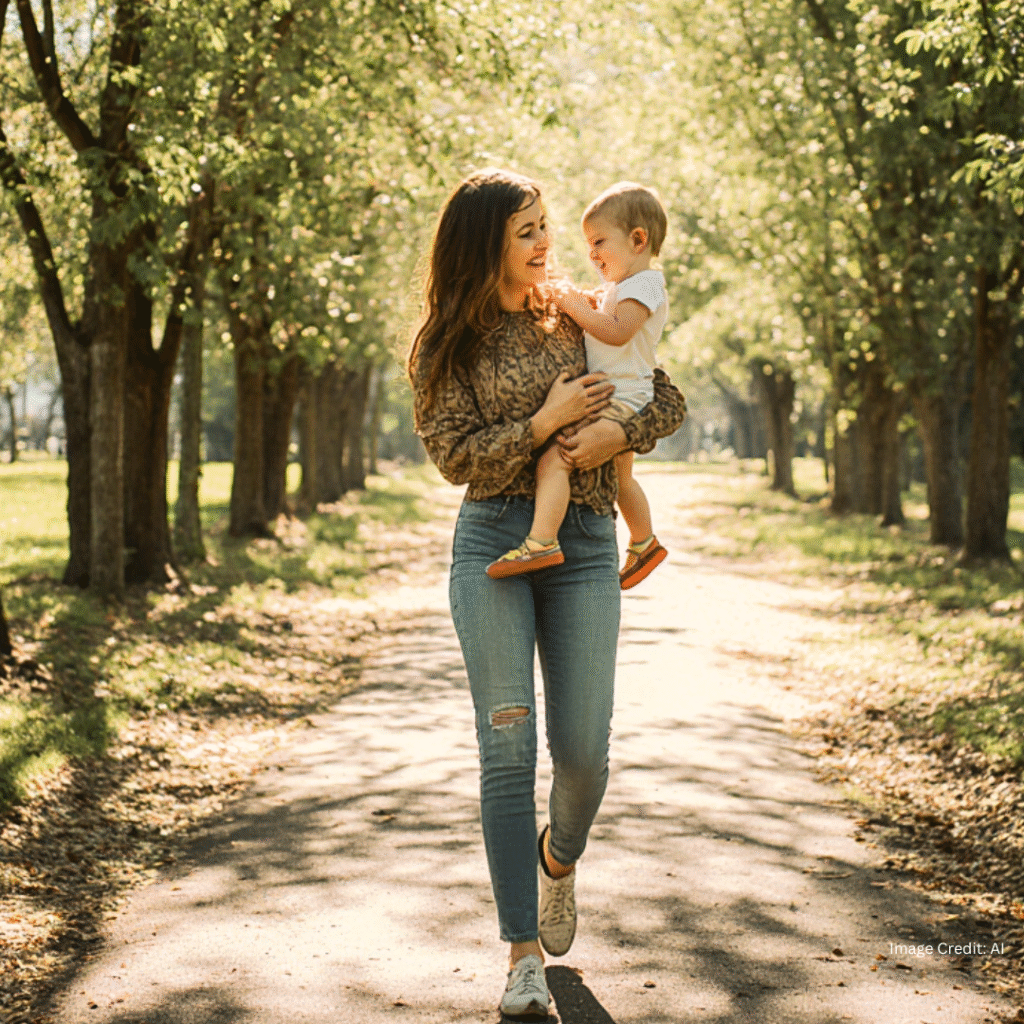 Smiling single mother holding baby in warm afternoon light, walking in the park.