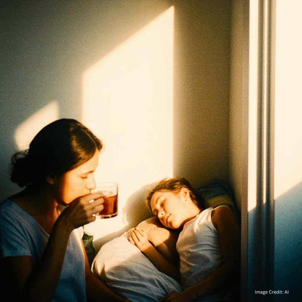 A single mother taking a break with tea during baby’s nap.