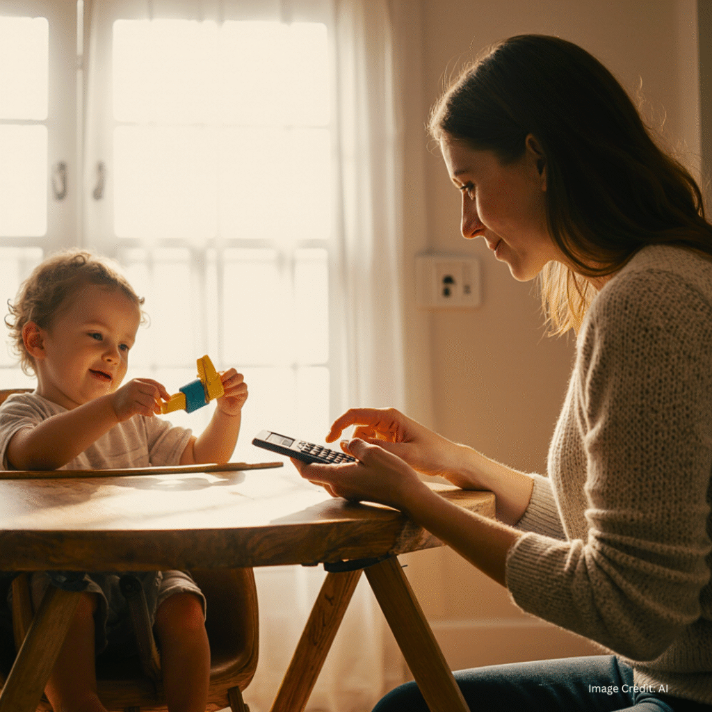 Single parent managing bills while baby sits beside them.
