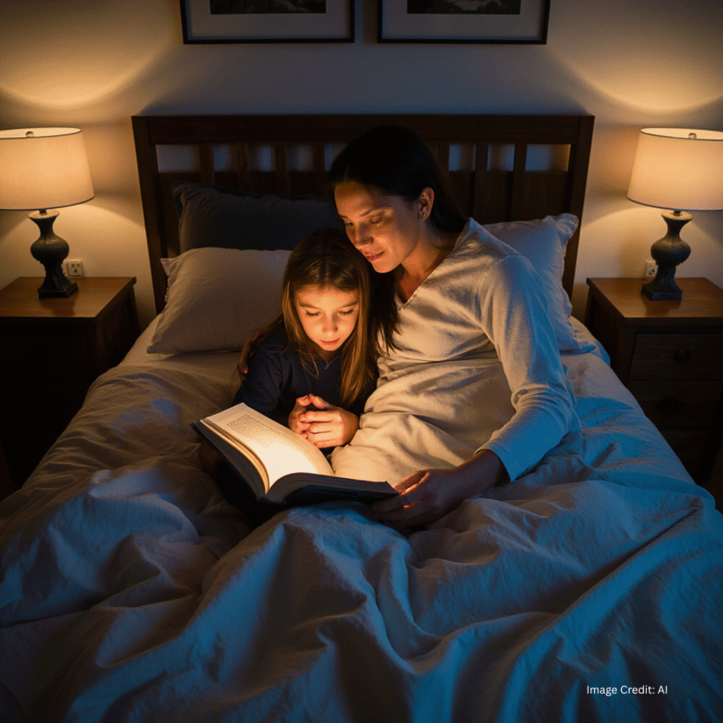 A parent and child bonding through bedtime reading.