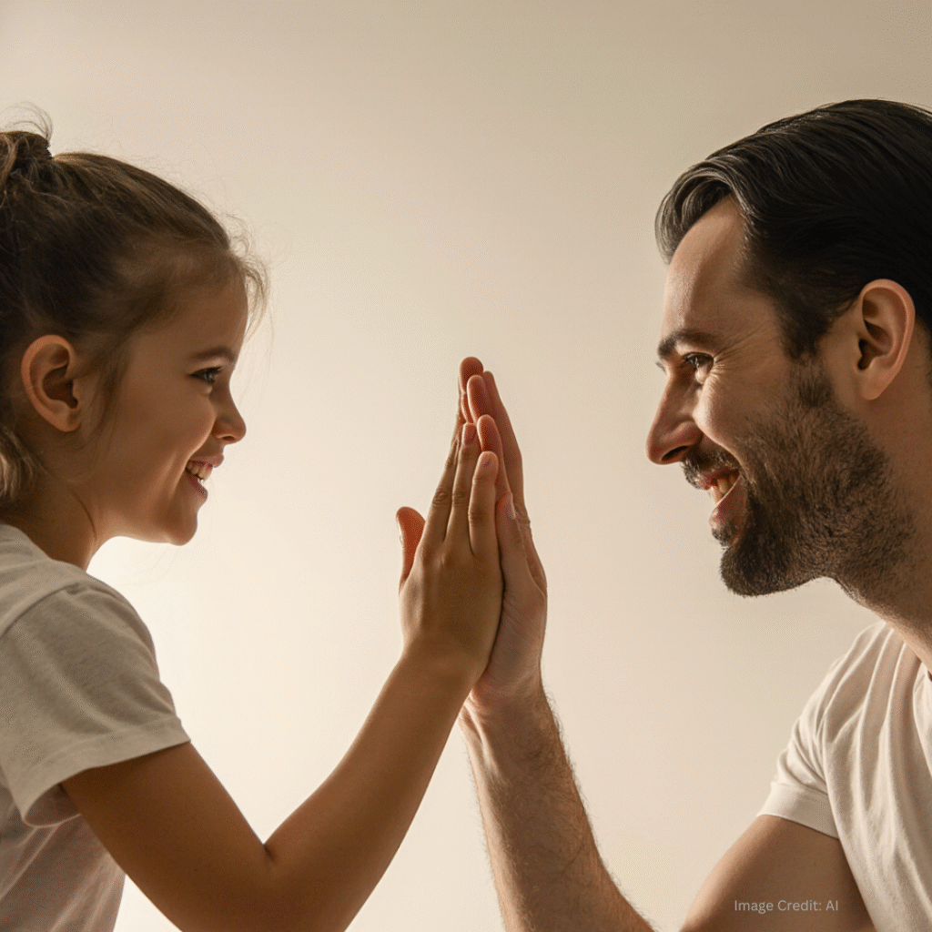 A proud parent and child smiling and high-fiving.