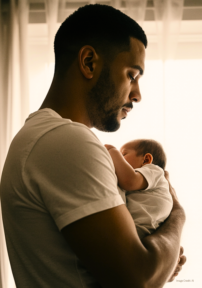 Tired father holding baby at night with soft lighting in the background