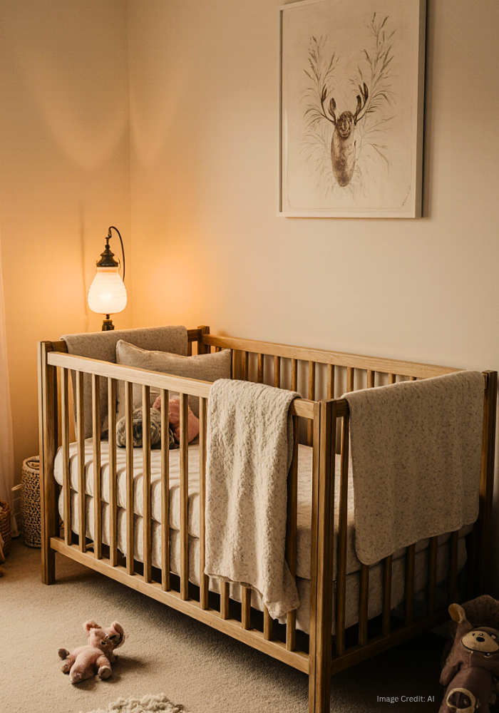 Peaceful and softly lit nursery with crib and nightlight