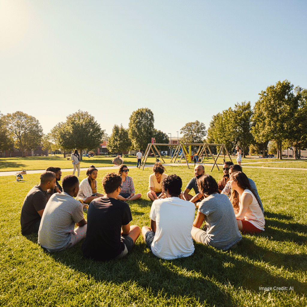A group of single parents bonding in a park setting.