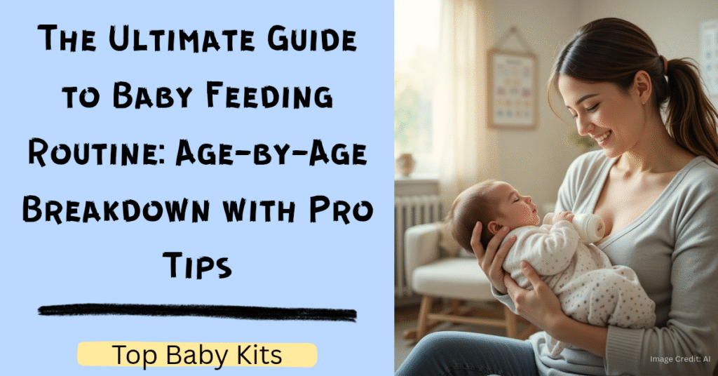 Mother feeding newborn baby with a bottle in a cozy nursery as part of a daily baby feeding routine – featured image for baby feeding guide blog by Top Baby Kits