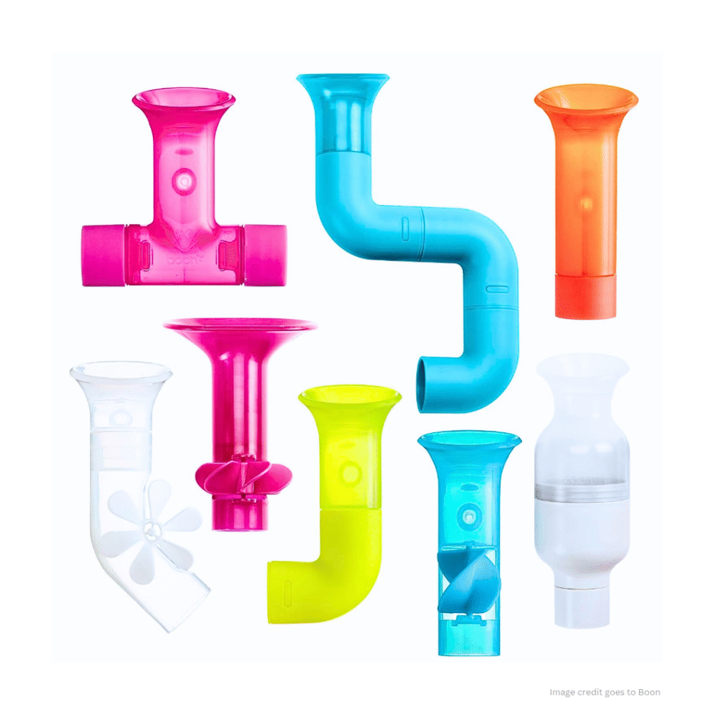 An image of different soft pipes toy for baby's bathtime. This image is showing a clear text - image credit goes to Boon.