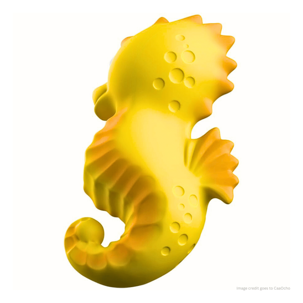 An image that shows a seahorse toy for baby along with a visible text - 'image credit goes to CaaOcho'.