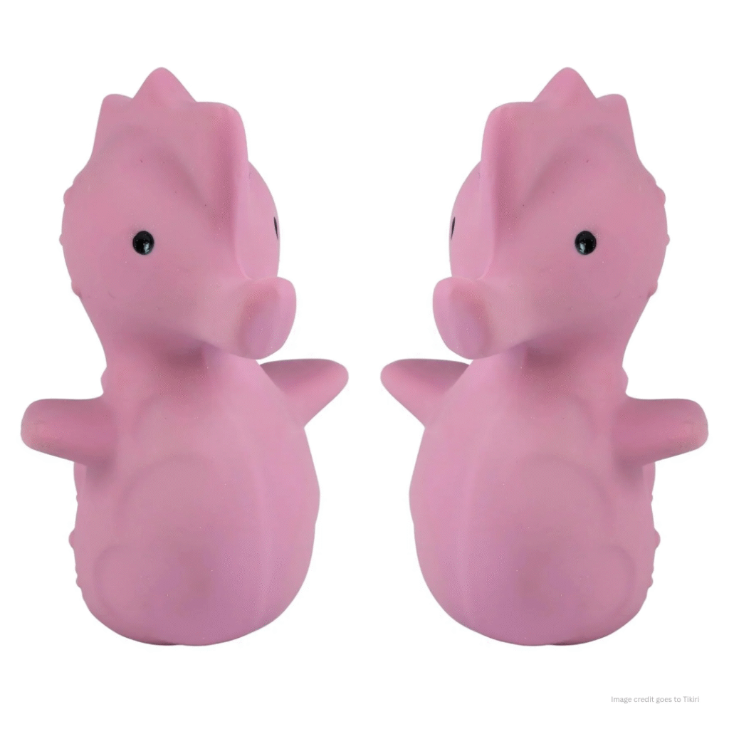 An image that shows two eco-friendly baby bath toys with a clear text that shows image credit goes to tikiri.